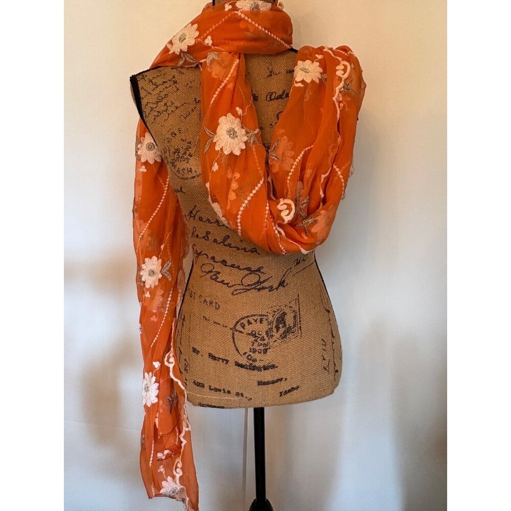 Orange Floral Embroidered Sheer Scarf Wrap Shawl